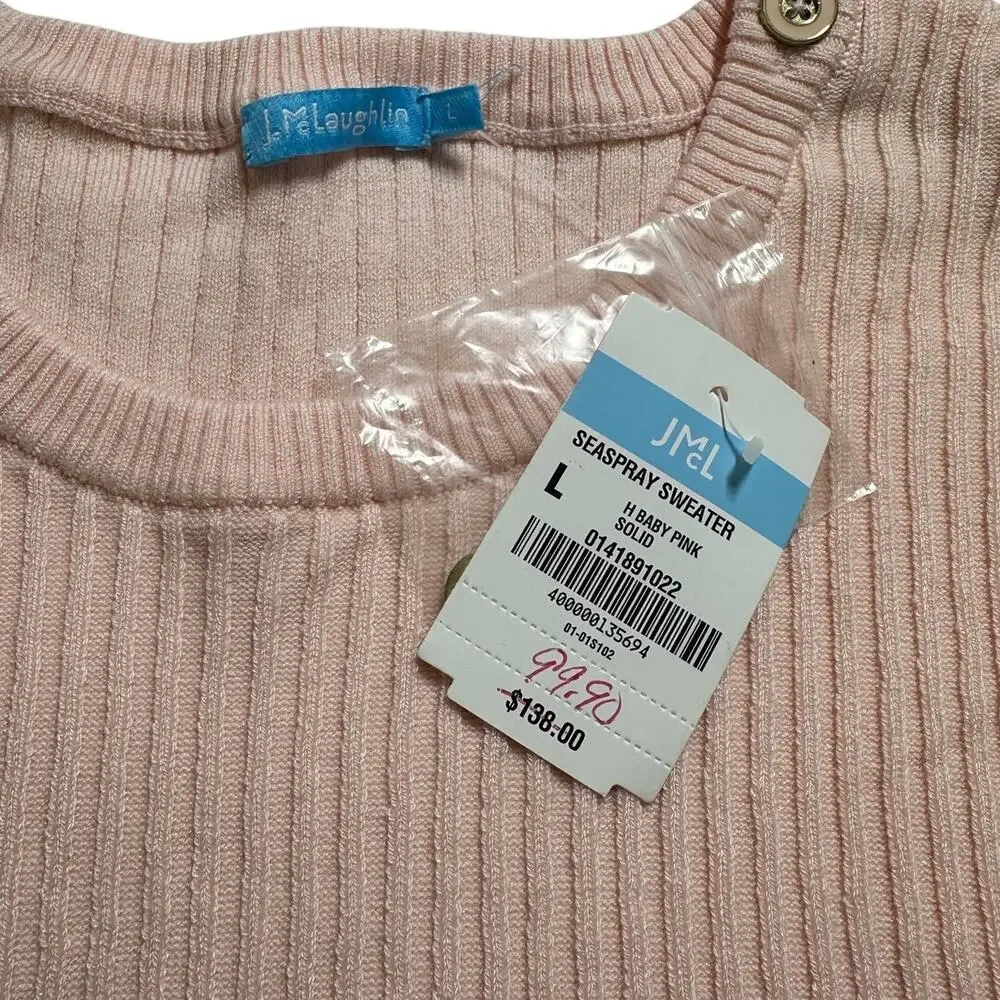 NWT J. McLaughlin Cotton Blend Seaspray Sweater Gold Button Size Large Pink